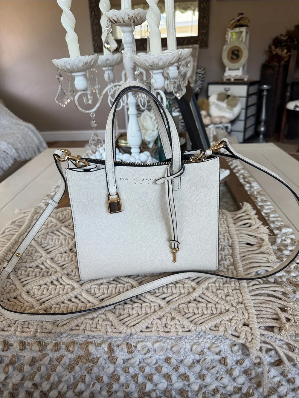 Marc Jacobs Cream Leather Top-Handle Satchel with Gold Hardware